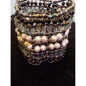 Handmade Wire Wrapped Bead Cuff Bracelet Iridescent Pearl Heart Button Closure